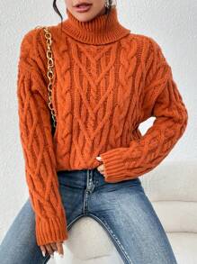 SHEIN Essnce Turtleneck Cable Knit Drop Shoulder Sweater - Coffee Brown - View 1