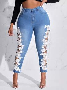 SHEIN SXY 大碼印花蕾絲拼接緊身牛仔褲