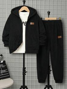 SHEIN Tween Boy 1pc Letter Patched Detail Zipper Up Hooded Jacket & 1pc Tee & 1pc Pants - Black - View 18