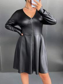 SHEIN Privé Plus Zip Up Flare Hem Dress - Black - View 6