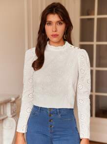 SHEIN Frenchy Frill Trim Eyelet Embroidery Button Detail Blouse - White - View 5