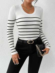 SHEIN Essnce 條紋圖案條紋針織套頭毛衣 - 黑與白 - 查看 1