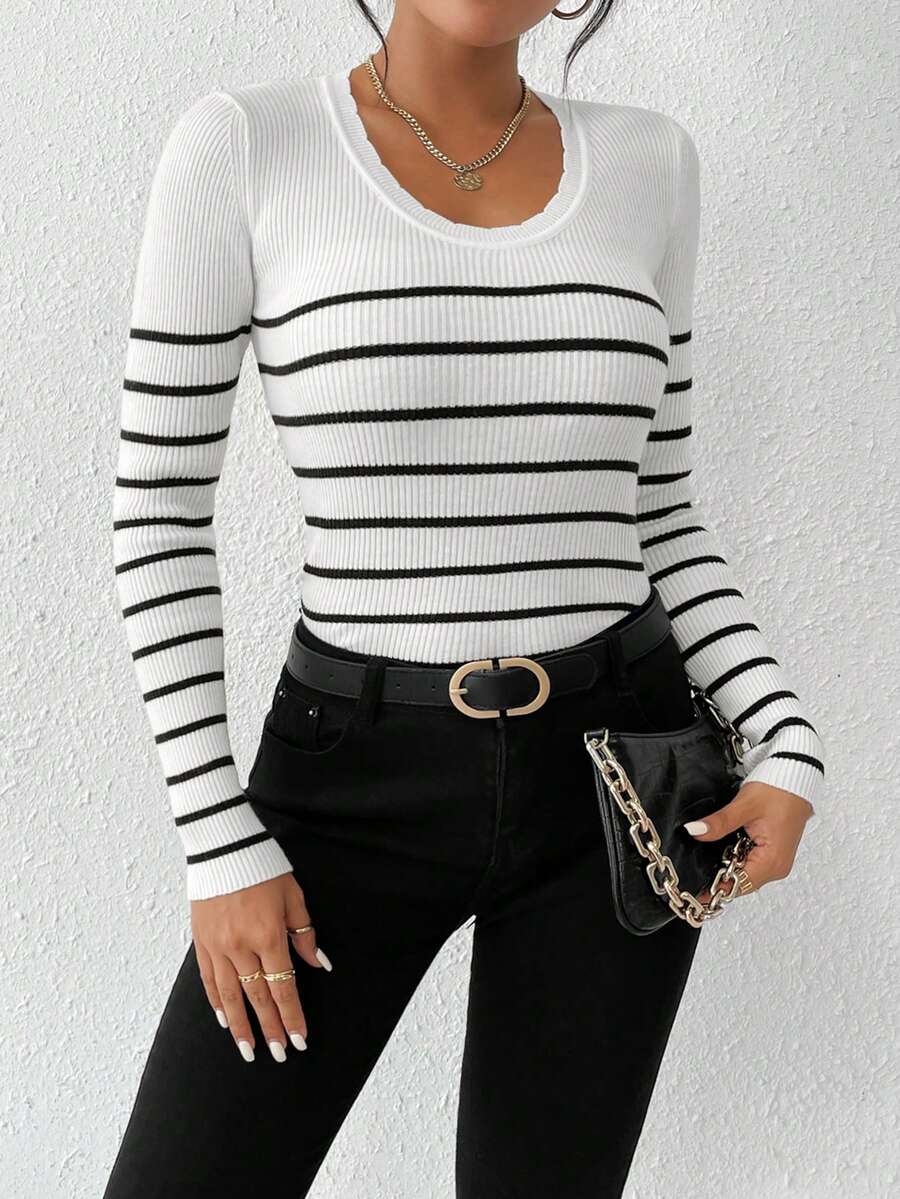 SHEIN Essnce 條紋圖案條紋針織套頭毛衣 - 黑與白 - 查看 1
