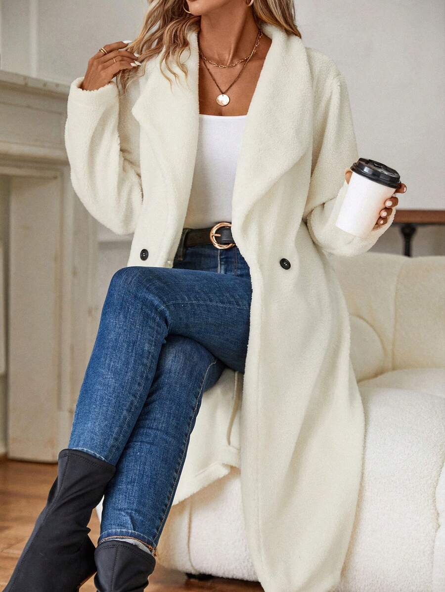 SHEIN Clasi 大翻領雙排釦絨毛外套 - 白色 - 查看 1