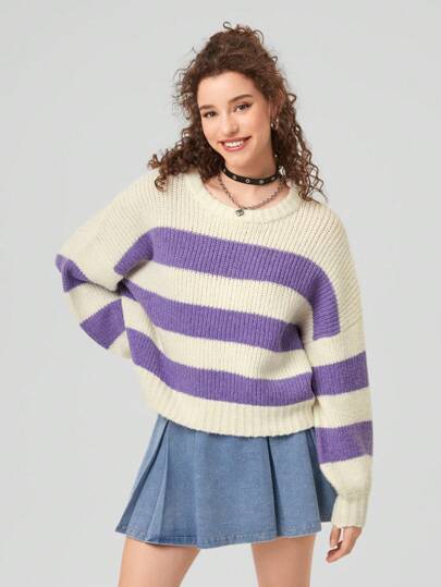 Forever 21 Women'S Regular Fit Long Sleeve Oversized Sweater, White Purple Striped