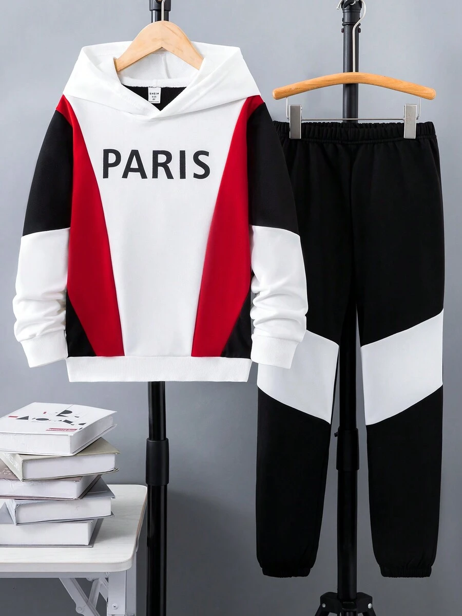 SHEIN Boys' Colorblock Hoodie And Pants Set With Letter Print, For Kids - Black - View 1