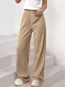 SHEIN Essnce Textured Eo đàn hồi Quần chân thẳng - Màu vàng - Xem 5