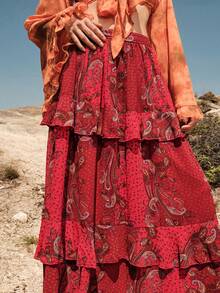 Bohemela 佩斯利印花荷葉邊半身裙 - 紅色 - 查看 4