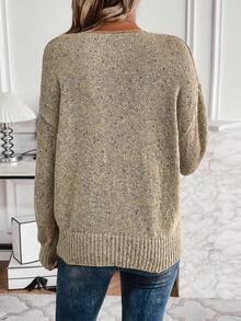 SHEIN Essnce 雜色針織落肩袖套頭毛衣 - 卡其色 - 查看 2