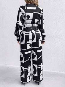 SHEIN Clasi Plus Geo Print Lantern Sleeve Belted Wide Leg Jumpsuit - Black and White - View 2
