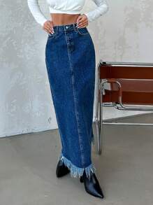 EURMUSE High Waist Raw Hem Denim Skirt - Blue - View 4