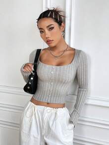 SHEIN Unity 大圓領前紐扣短款毛衣 - 淺灰色 - 查看 4