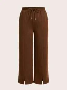 SHEIN BASICS Plus Drawstring Waist Split Hem Sweatpants - Coffee Brown - View 7