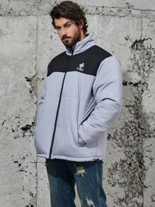 Manfinity Homme Abrigo acolchado con cremallera, bloque de color y gráfico de letras para hombre talla grande