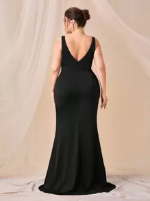 SHEIN Belle 加大开叉吊带连衣裙黑色优雅正式晚会舞会婚礼宾客礼服，适合毕业典礼、晚宴派对礼服 - 黑色 - 查看 2