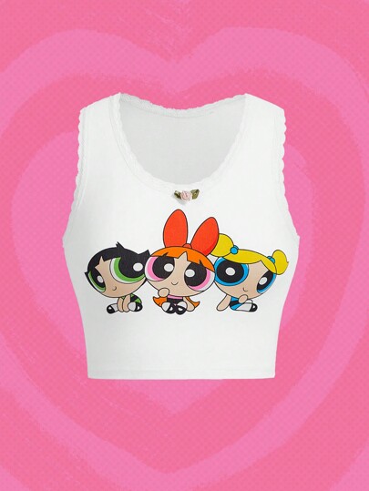 The Powerpuff Girls | ROMWE Top Sans Manches Dessin Animé Ourlet En Dentelle