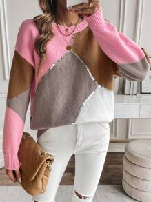 SHEIN Unity Khối màu Thả vai Khâu trên cùng Thả vai Áo len - Nhiều màu - Xem 4