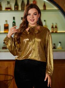 SHEIN Clasi Plus Tie Neck Lantern Sleeve Metallic Blouse - Gold - View 1