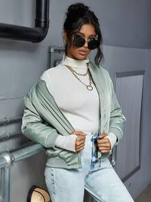 Eilly Bazar Slant Pockets Baseball Collar Padded Coat - Mint Green - View 4