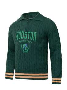 Manfinity Homme Men Letter Pattern Striped Trim Zipper Front Cable Knit Sweater - Dark Green - View 3