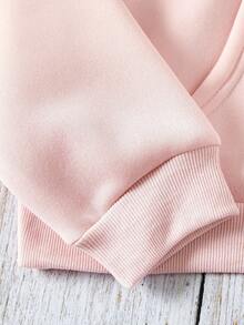 SHEIN EZwear 加大码标语图案保暖内衬袋鼠口袋卫衣 - 粉色 - 查看 4