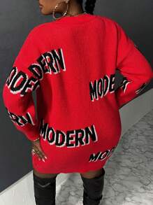 Slaydiva Plus Letter Pattern Drop Shoulder Sweater Dress - Red - View 3
