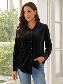EMERY ROSE Camisa De Terciopelo Con Botones Delanteros - Negro - Ver 4