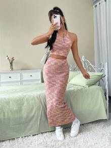 SHEIN EZwear Space Dye Halter Top & Skirt - Multicolor - View 4