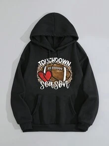 SHEIN EZwear Heart & Letter Graphic Kangaroo Pocket Drawstring Hoodie - Black - View 3