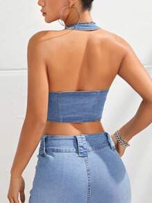 SHEIN ICON Của phụ nữ Denim Halter Neck Áo - Rửa trung bình - Xem 2