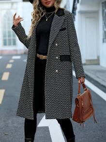 SHEIN LUNE Chevron Print Flap Detail Double Breasted Overcoat - Black - View 5
