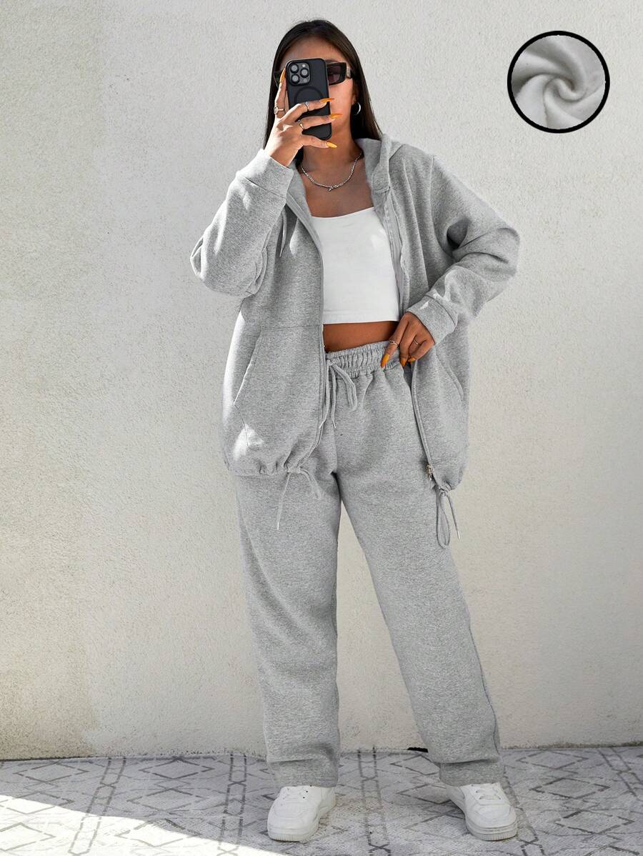 SHEIN Cottnline Plus Size  Drop Shoulder Zipper Up Drawstring Hoodie & Sweatpants - Grey - View 1