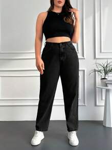 EURMUSE Quần Jeans Trơn Cạp Cao Size Lớn - màu đen - Xem 4