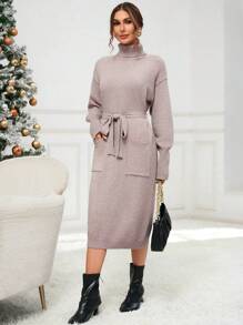 GENKIRA Turtleneck Drop Shoulder Belted Sweater Dress - Khaki - View 6