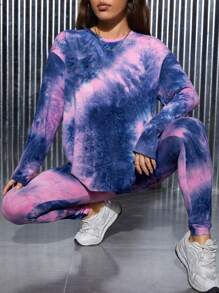 SHEIN PETITE Tie Dye Drop Shoulder Tee & Leggings - Multicolor - View 4