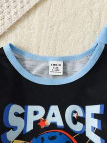 SHEIN Playful Pals Baby Boy 2pcs Letter & Planet Print Tee & Striped Pants Chic Outfits For Autumn/Winter - Multicolor - View 8
