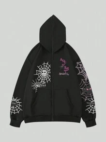 ROMWE MEN Goth 男士蜘蛛網&字母圖案拉鏈連帽衫 - 黑色 - 查看 1
