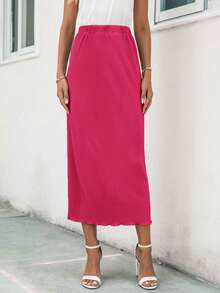 SHEIN Clasi Solid Elastic Waist Straight Skirt - Hot Pink - View 2