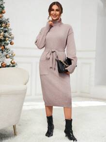 GENKIRA Turtleneck Drop Shoulder Belted Sweater Dress - Khaki - View 5