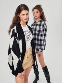 Forever 21 Women's Geometric Pattern Button Down Cardigan With Long Sleeves