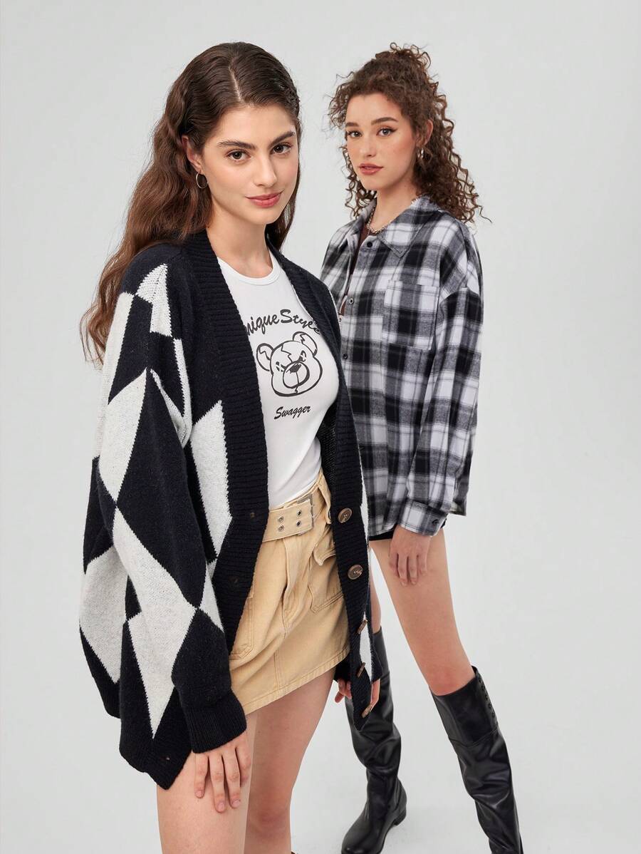 Forever 21 Women's Geometric Pattern Button Down Cardigan With Long Sleeves