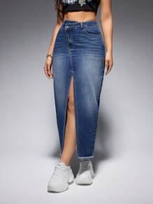 SHEIN EZwear 高腰毛邊牛仔半身裙 - 深色水洗藍 - 查看 3