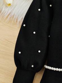 SHEIN Tween Girl Pearls Beaded Gigot Sleeve Mock Neck Sweater Dress Without Belt - Black - View 3