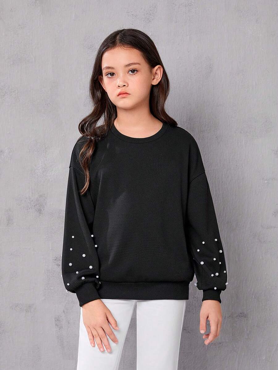 Cô gái Tween Ngọc trai đính cườm Thả vai Áo chui đầu - màu đen - Xem 1