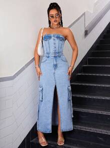 SHEIN ICON Flap Pocket Split Thigh Tube Denim Dress - Light Wash - View 4