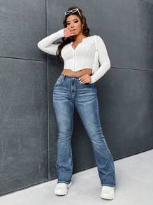 SHEIN ICON 大碼翻蓋口袋牛仔喇叭褲 - 中等水洗藍 - 查看 6