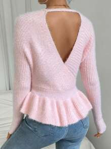 SHEIN LUNE 女士荷叶边V领休闲针织毛衣上衣，貂毛材质，适合秋冬季节穿着 - 粉色 - 查看 2