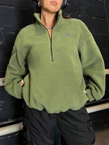 SHEIN EZwear Hơn Chi tiết Patched thư Một nửa khóa kéo Thả vai Teddy Áo nỉ - màu xanh lá - Xem 1