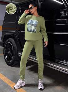EURMUSE Slogan Graphic Drop Shoulder Thermal Sweatshirt & Sweatpants - Khaki - View 1