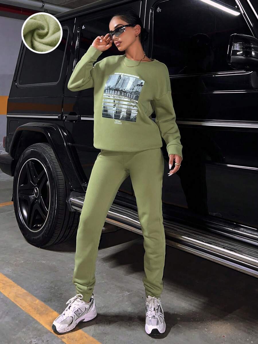EURMUSE Slogan Graphic Drop Shoulder Thermal Sweatshirt & Sweatpants - Khaki - View 1